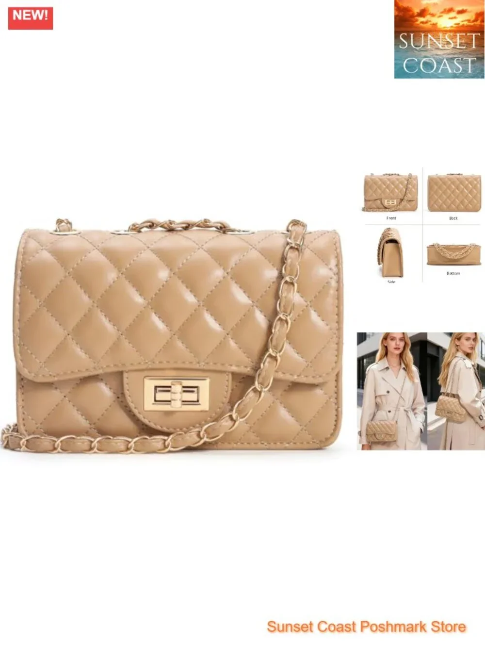 Small Quilted Crossbody Purse Faux Leather Satchel with Chain Strap